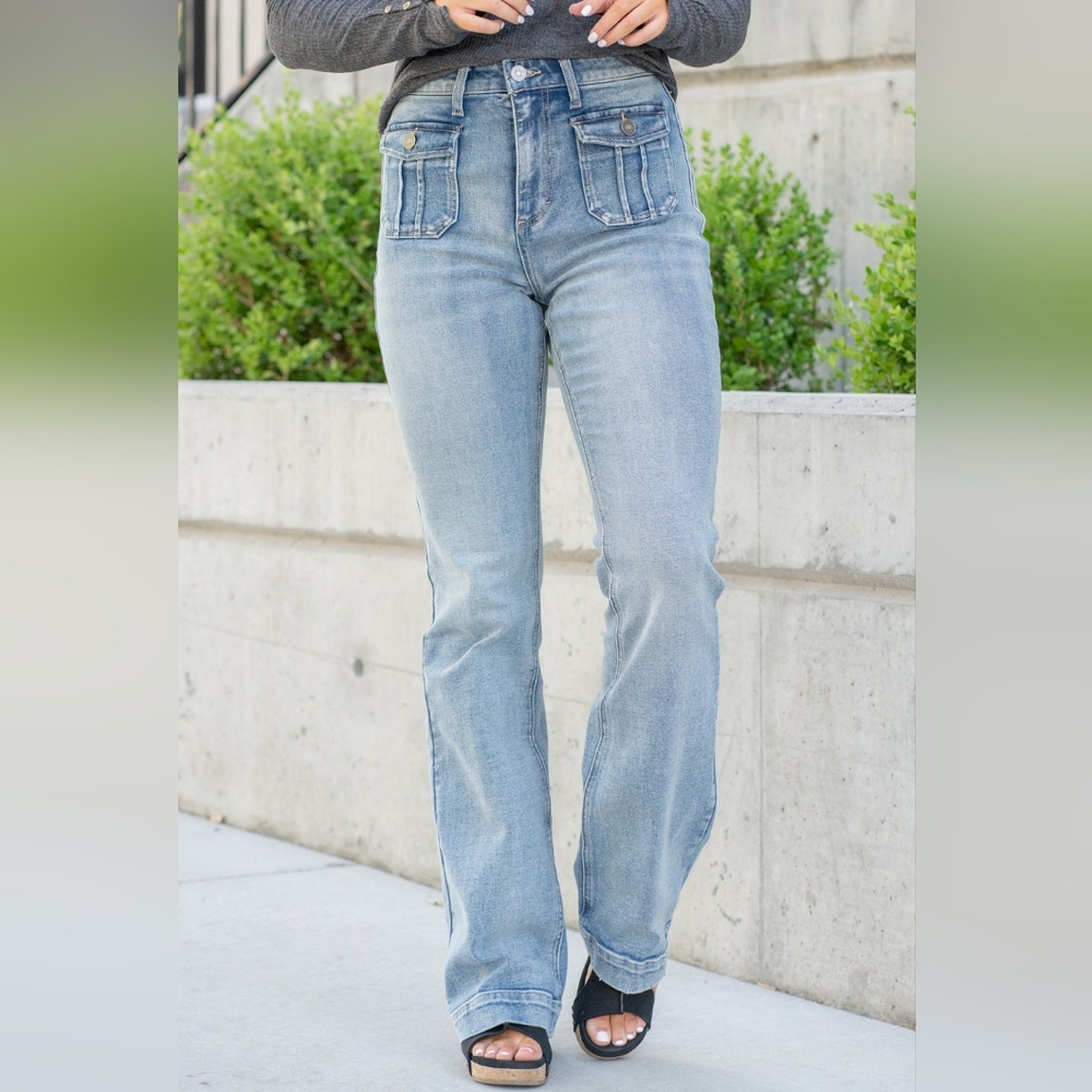 KanCan GREAT FALLS FARAH‎ HIGH RISE PATCH POCKET BOOT CUT size 26 x 32L